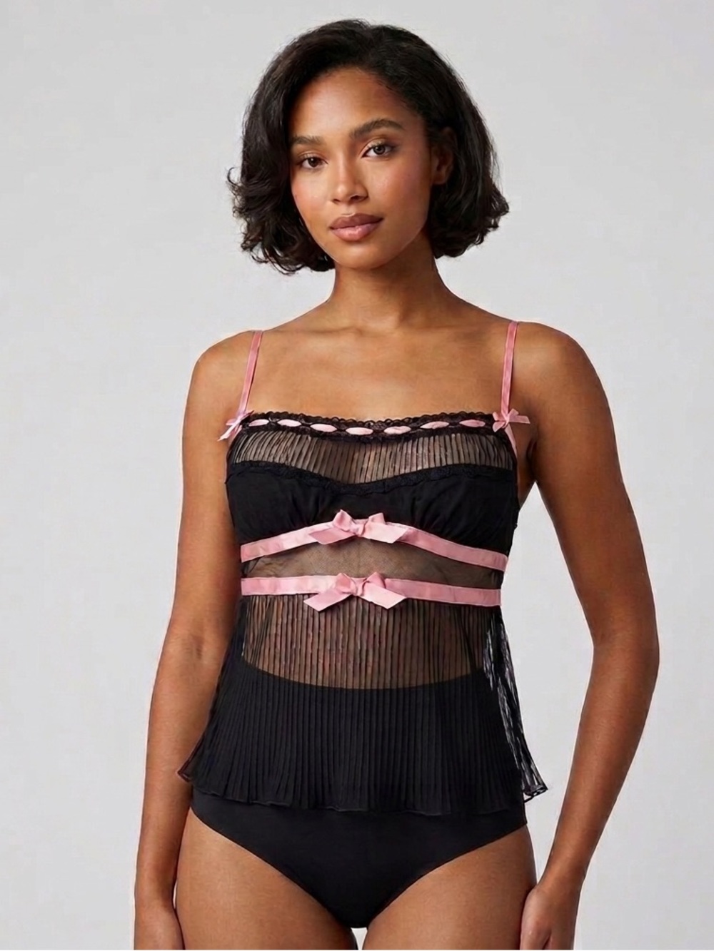Betsey Johnson Vintage Y2K Babydoll Lace Cami Top Lingerie Black Bows Small